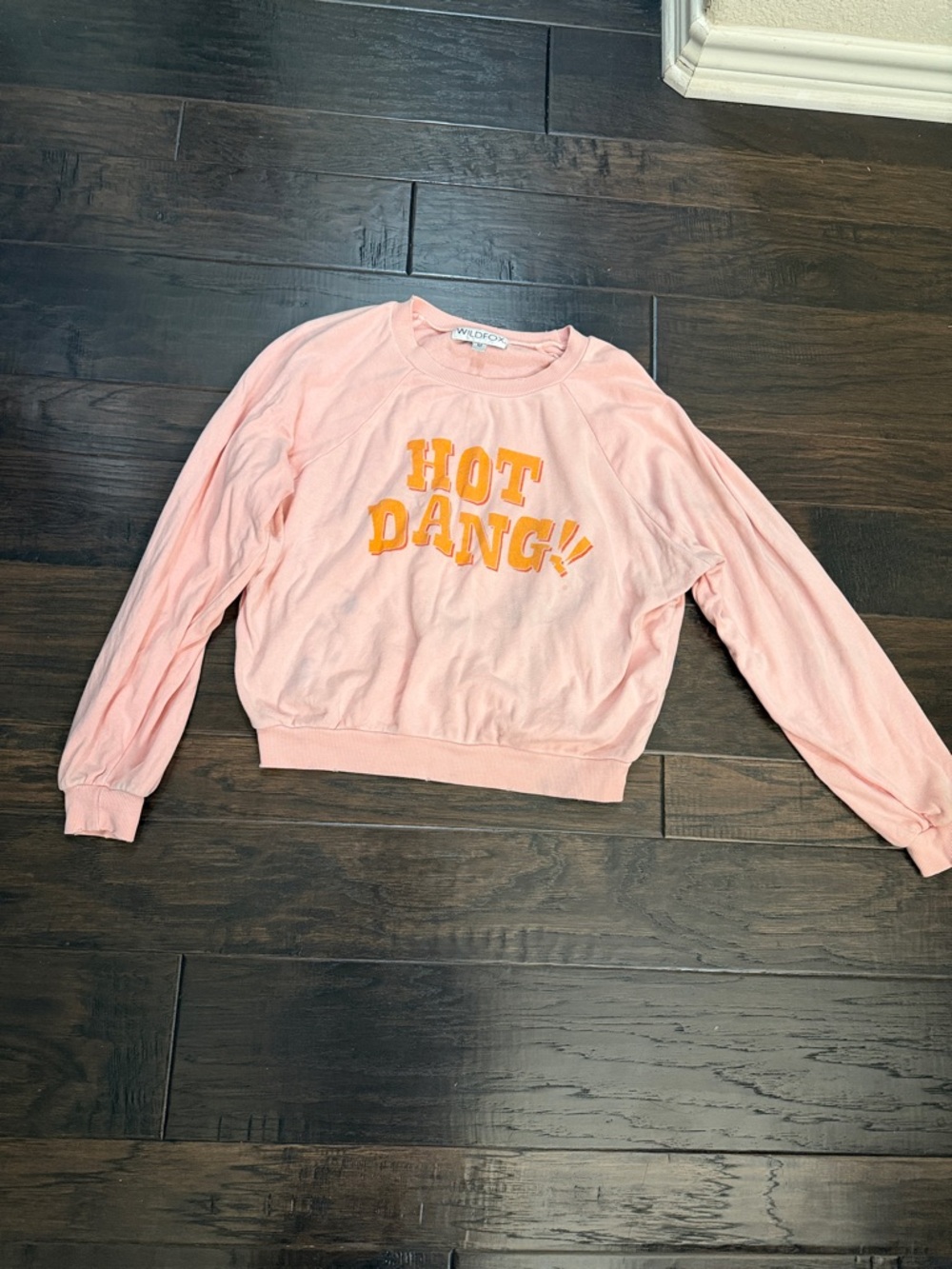 Wildfox Pink Crewneck Sweatshirt with Orange 'HOT DANG!' Graphic